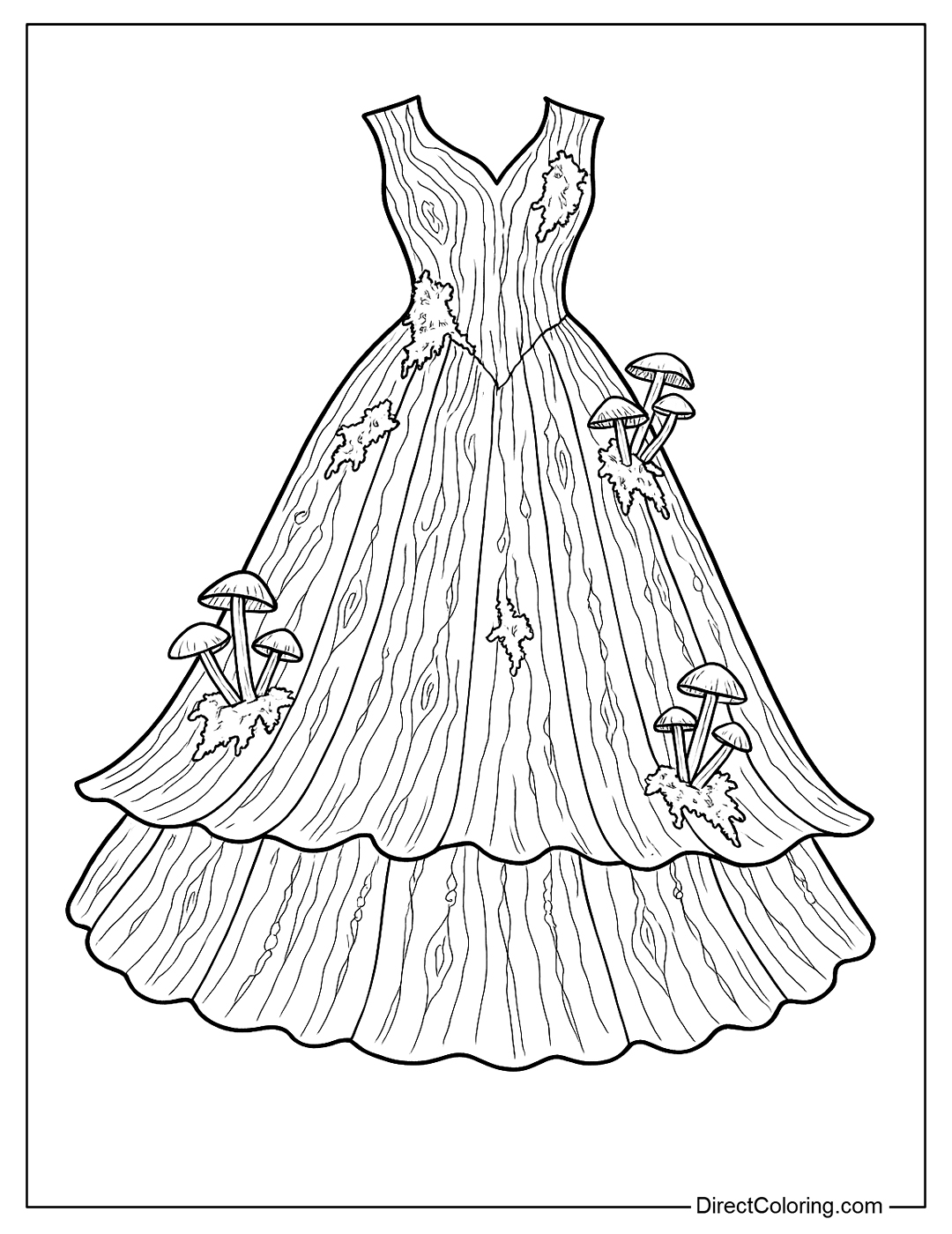 A coloring page of a dress inspired by rotten tree roots and wild mushrooms, with a wood grain and mossy pattern on the bodice